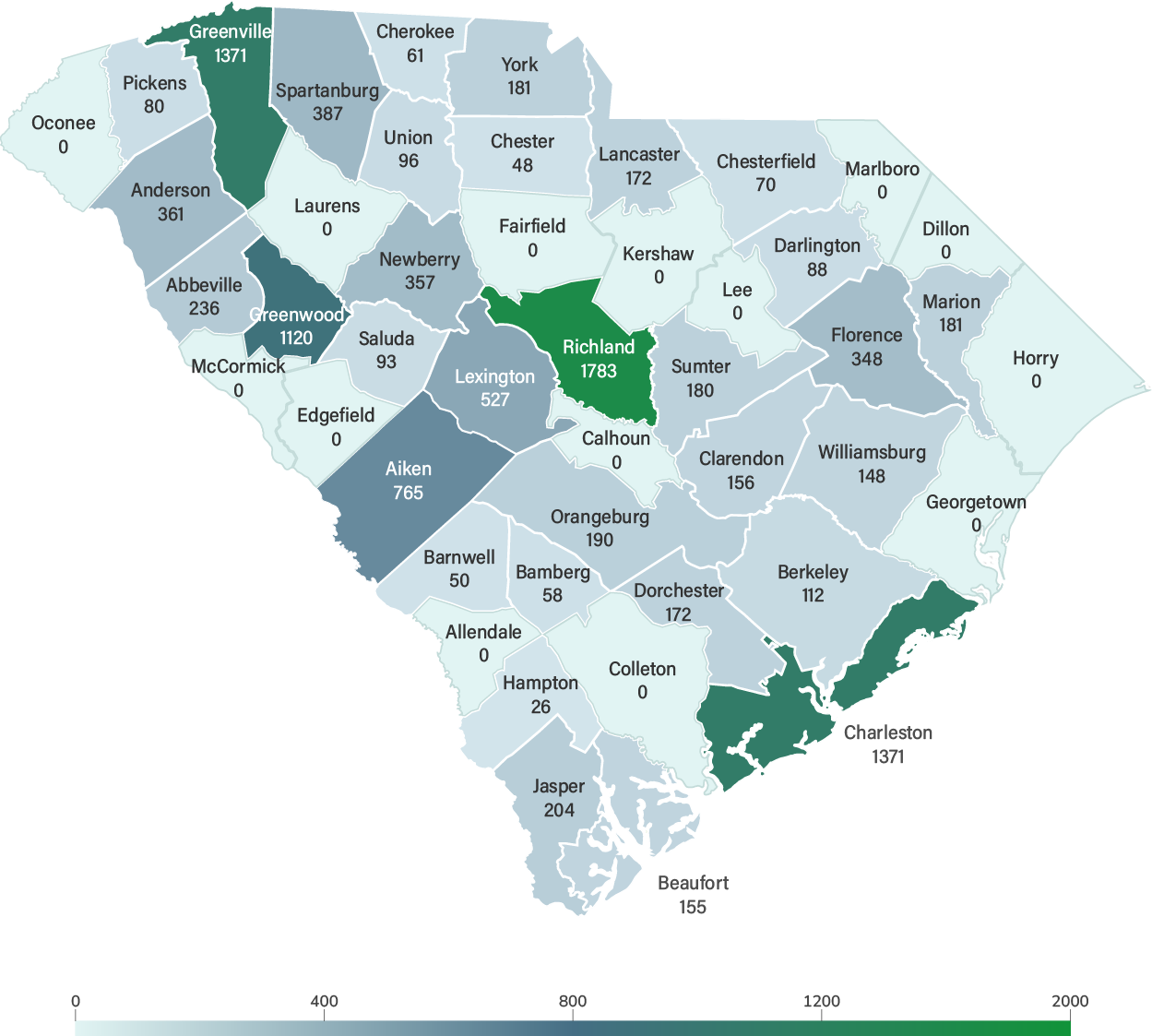 A map of South Carolina counties showing the total public employment service hours worked for fiscal year 2022-2023. 